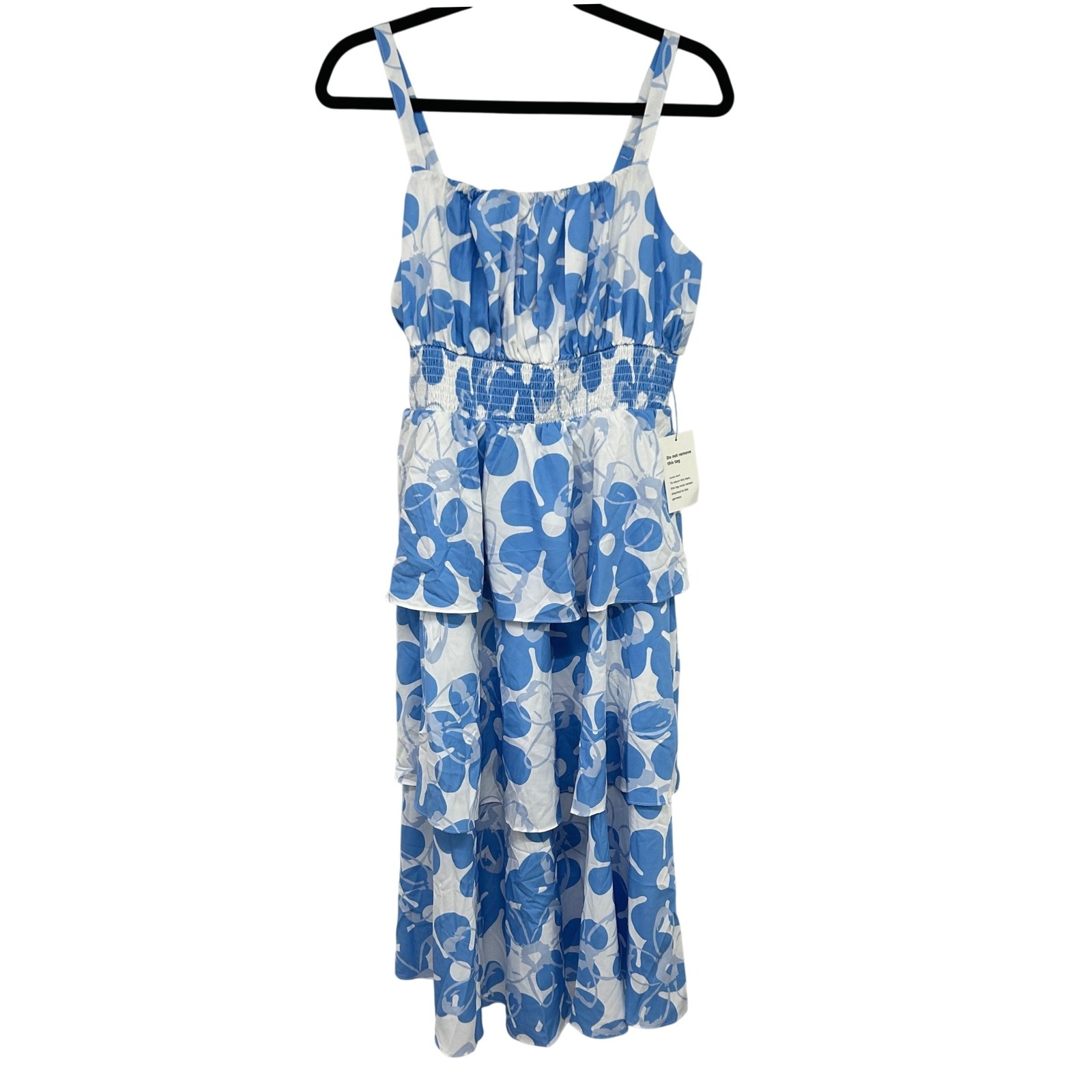 Coastal Smocked Midi Dress Blue White Tiered Resort Euro Summer Cottage Beach